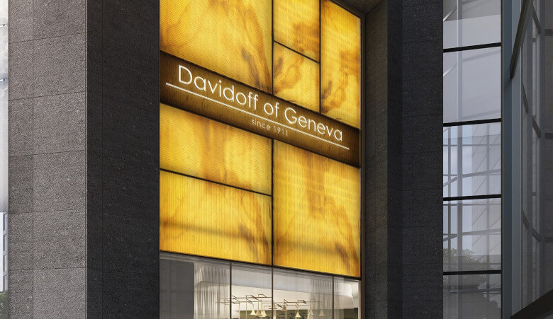 A LumiGrid Astra behind a stained glass facade at the Davidoff of Geneva location in New York City, NY