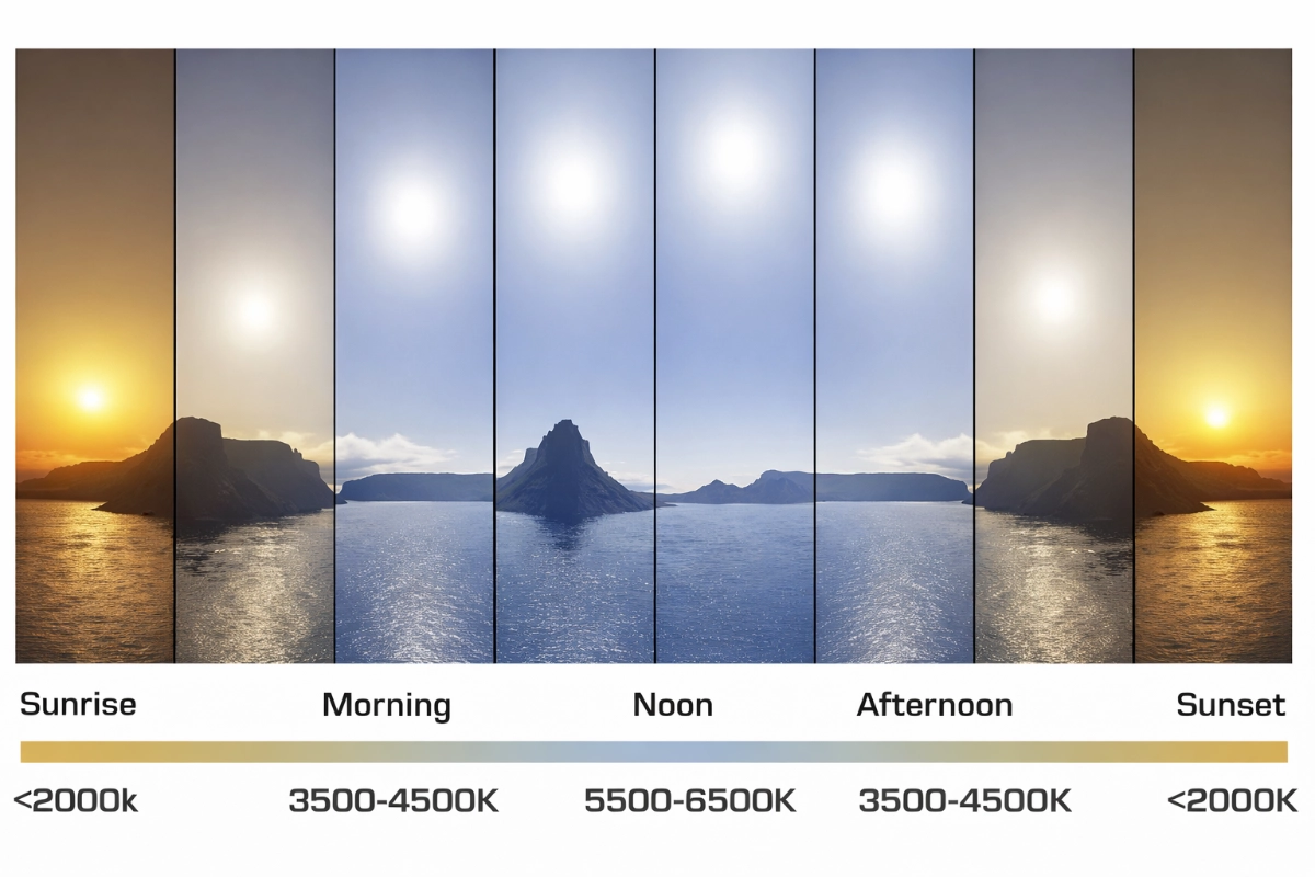 Circadian lighting diagram showing color temperature changes from sunrise to sunset throughout the day