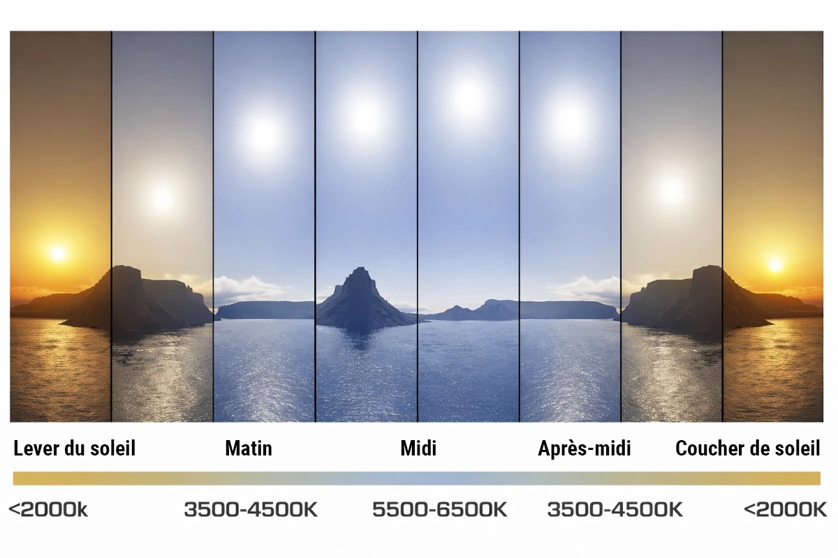 Schéma d’éclairage circadien montrant les variations de température de couleur du lever au coucher du soleil