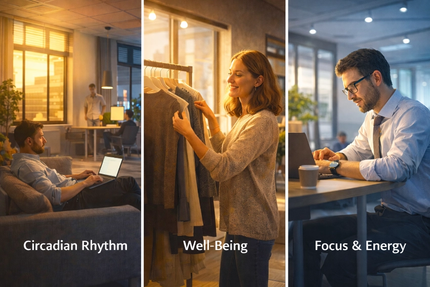 Human-centric lighting supporting circadian rhythm, well-being, and focus in commercial environments