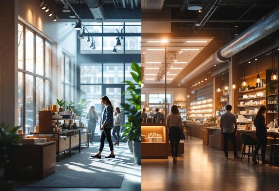 Retail lighting design demonstrating circadian transition from daylight to warm evening lighting