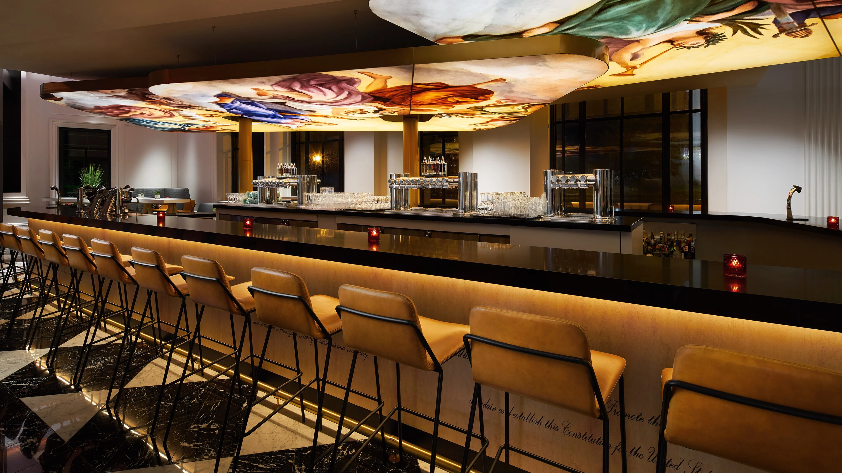 Custom LumiCloud Bespoke panels with rounded corners installed at Cherry Bar, W Hotel DC, showcasing ceiling-integrated dome artwork lighting