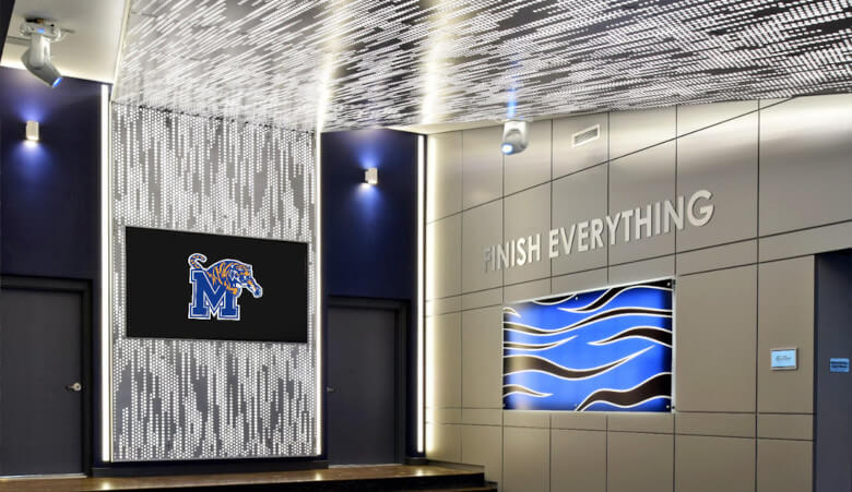Integration of the LumiGrid LED system behind perforated metal at the Liberty Bowl Stadium in Memphiss