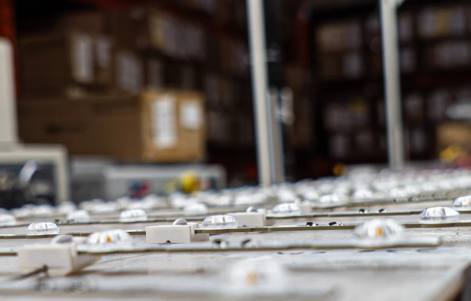 Close-up view of LED light strips with clear optical dome lenses arranged on an assembly workbench in a facility.